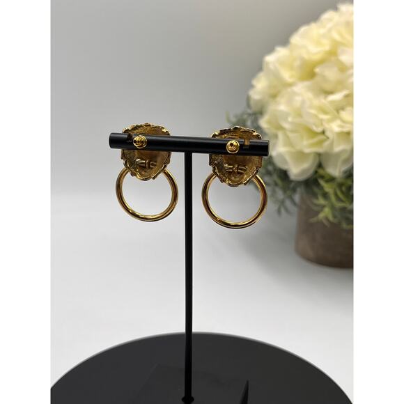 Vintage Lion Head Door Knocker Gold Tone Pierced Dangle Animal Earrings - Picture 3 of 8
